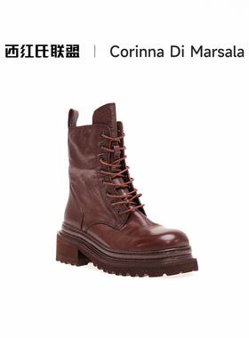 水洗马皮马丁靴女褶皱厚底中筒靴