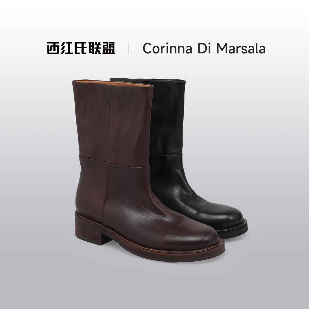【大壮•西红氏】2025秋冬新款水洗牛皮复古高级骑士靴跟高4cm