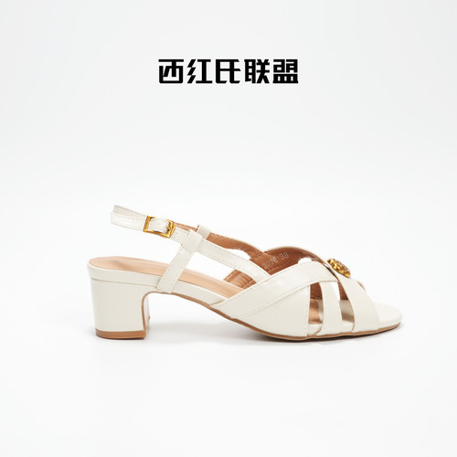 西红氏联盟牛皮交叉方头粗跟凉鞋