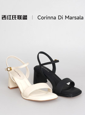 丝绸羊皮一字带粗跟通勤凉鞋女