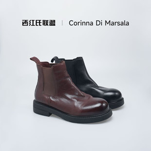 【大壮•西红氏】切尔西靴女短靴水洗马皮烟筒靴真皮厚底中筒靴