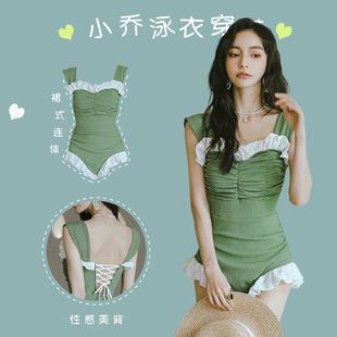 新款 韓國高腰遮肚顯瘦吊帶溫泉游泳衣 泳衣女ins超仙保守連體泳裝