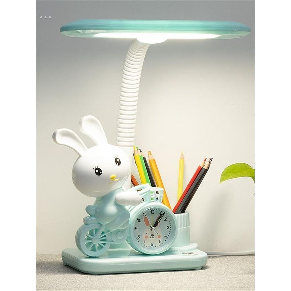 LED护眼台灯插电书桌卡通可爱闹钟带笔筒中小学生学习儿童写字灯
