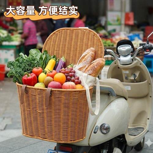 手工藤编车筐电动车车篮大容量购物篮带盖子子收纳筐方便结实