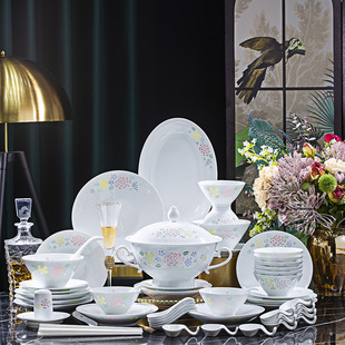 景德镇白瓷餐具套装家用釉下彩玲珑瓷碗碟乔迁结婚陶瓷碗盘碟组合