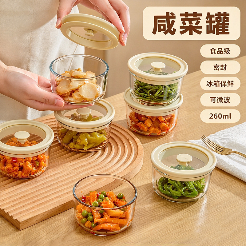 咸菜罐玻璃密封罐食品级冰箱保鲜盒带盖小碗榨菜腌菜泡菜分装瓶子