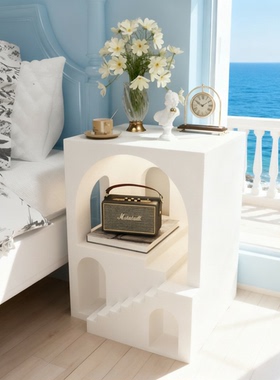 客厅轻奢白色石材多层置物边几