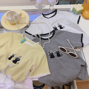 新款 休闲百搭T恤2025夏季 可爱风刺绣萌趣小猫短袖 纯棉女童时尚