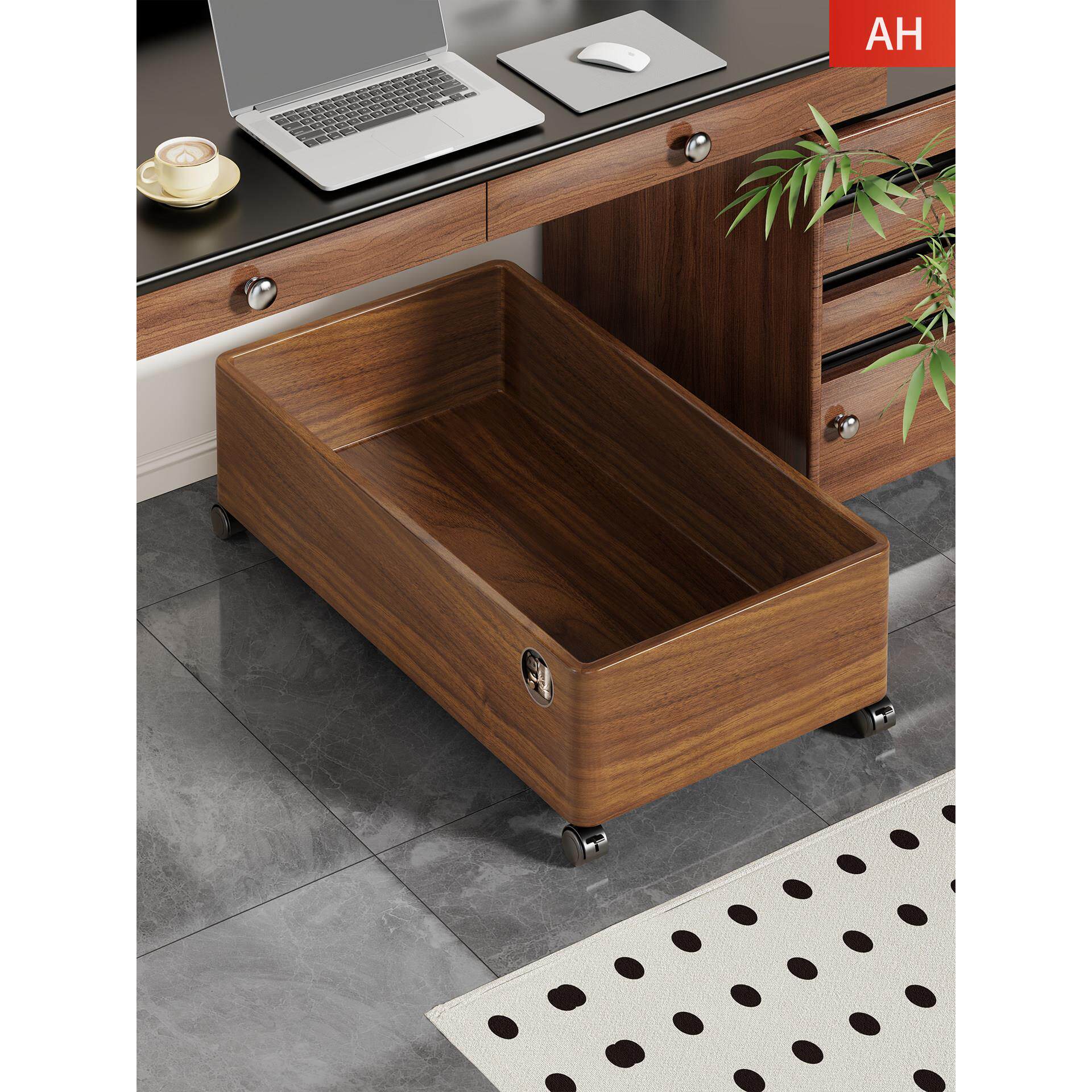 实木书包置物架办公室桌下收纳筐书本收纳带轮小推车可移动整理架