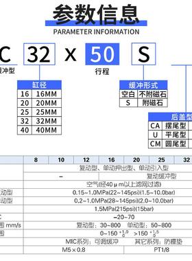 气动气缓冲不锈钢迷你气缸MIC16/20/25/32/40-25X50X75X100-SCA