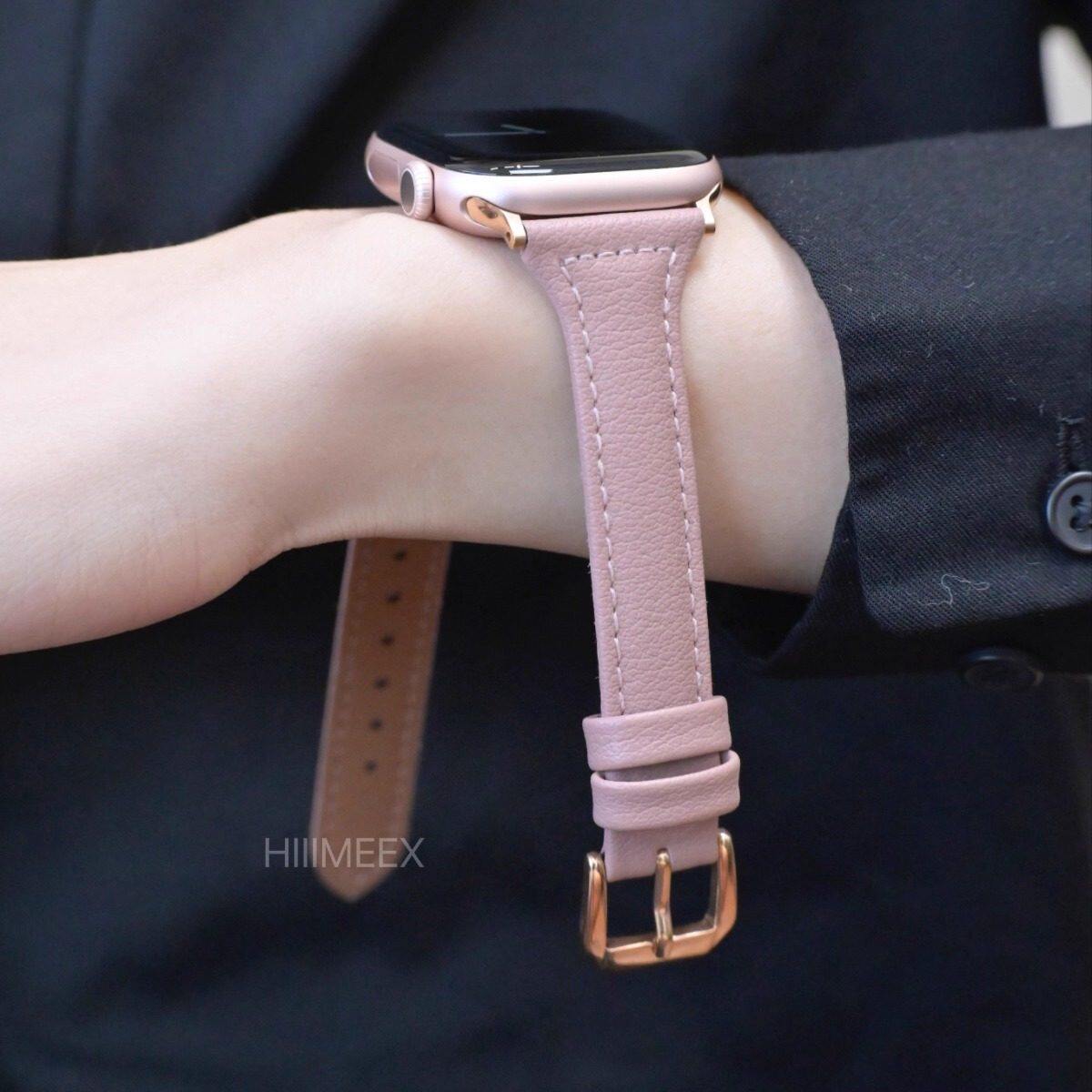 适用苹果iWatch8/9/10/11表带小蛮腰玫瑰粉iwatch表带applewatch表链柔软真皮表带高级感 T字形杏色玫瑰金扣