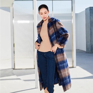 ET6345354141卡索castle复古气质蓝棕长毛格纹大衣毛呢外套2024冬