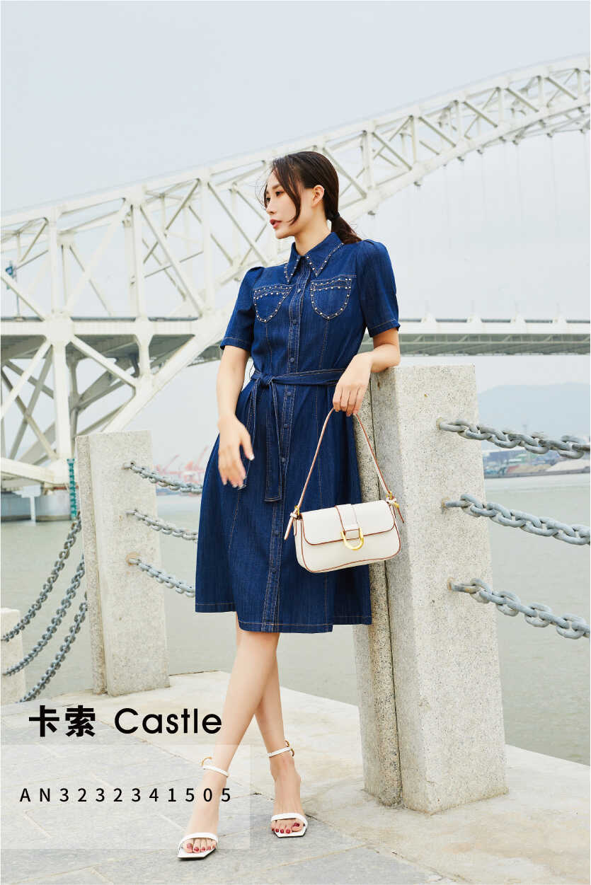 AN3232341505卡索优选2024春夏系腰衬衫式牛仔连衣裙气质优雅显瘦