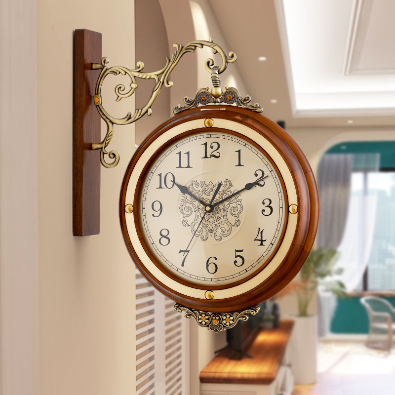 新中式实木双面挂钟欧式轻奢双面看时钟表客厅家用美式静音双面钟