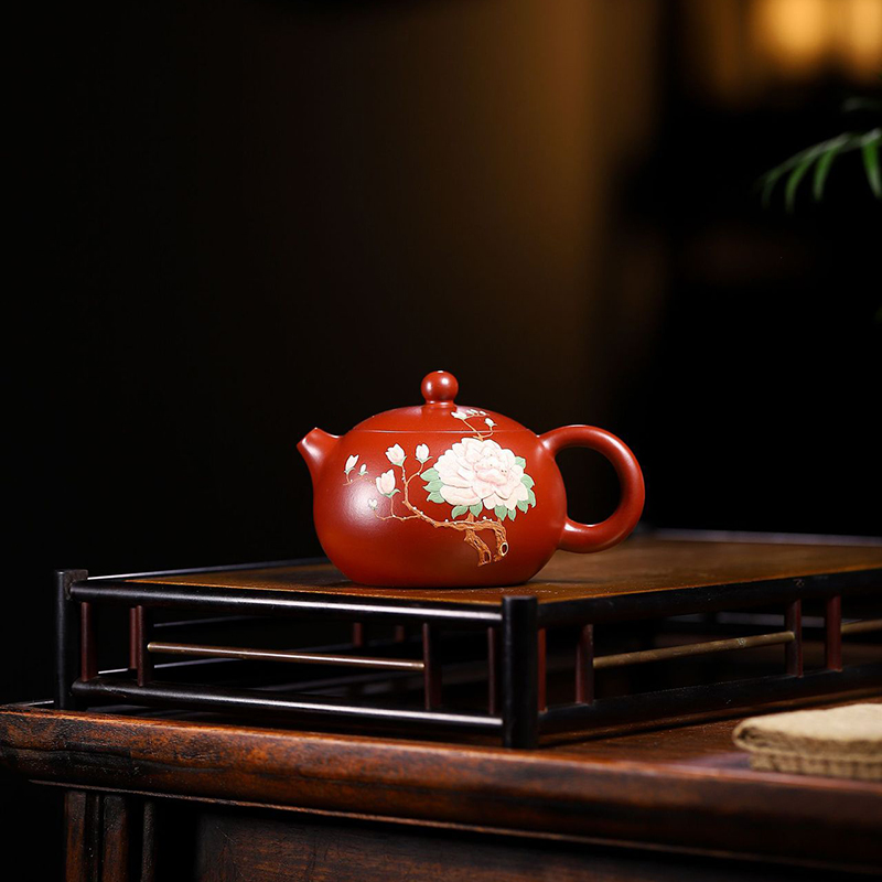 宜兴紫砂壶原矿全纯手工堆绘花卉西施壶家用茶壶具礼品可养
