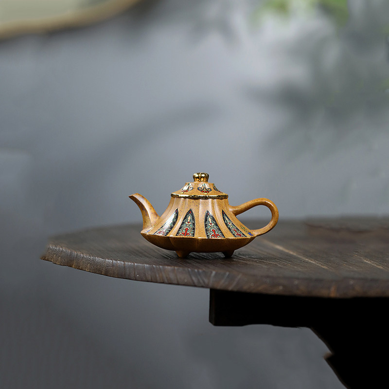 伯元 宜兴紫砂壶原矿龙窑段泥柴烧纯全手工描金珐琅彩筋纹云炉壶