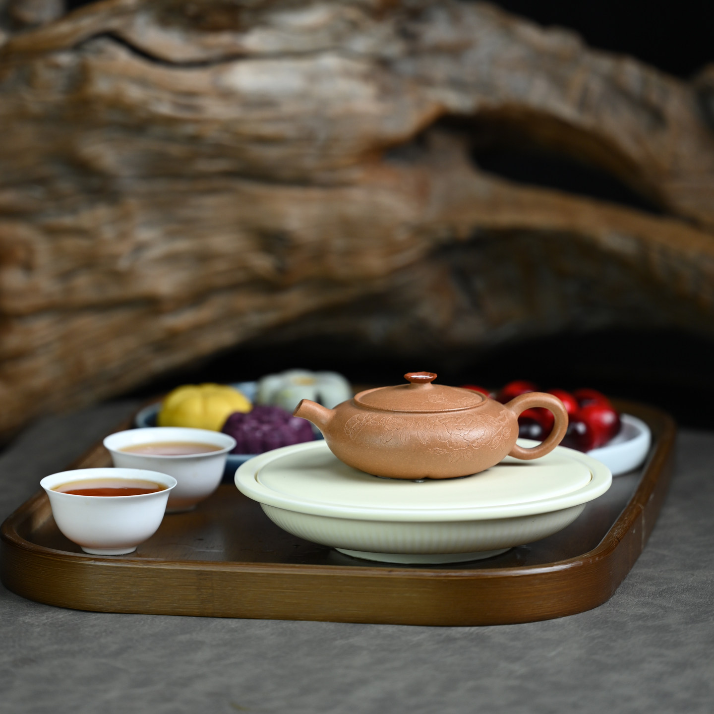 宜兴紫砂壶原矿段泥纯手工刻绘繁花虚扁小品自用功夫泡茶壶120ML