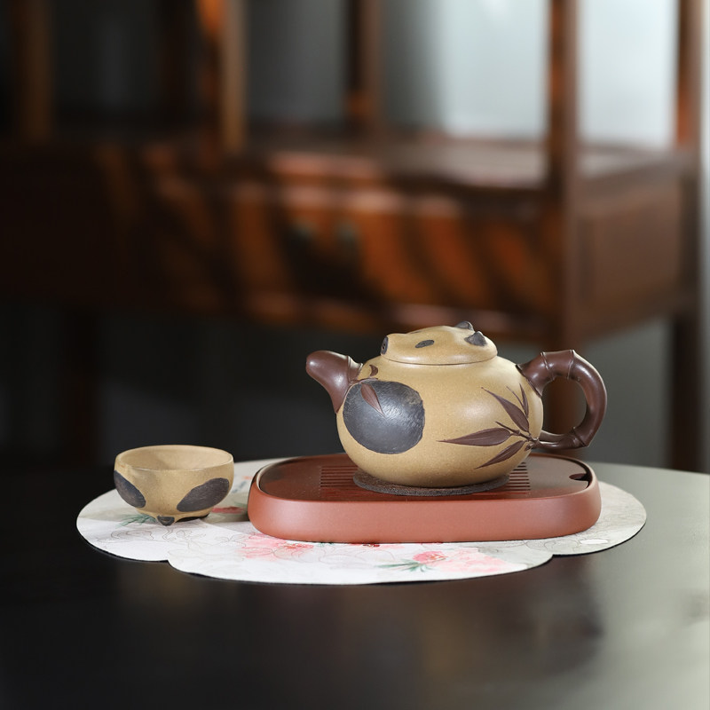 名家工艺原矿段泥纯手工粉浆熊猫壶460ML宜兴紫砂壶功夫茶壶茶具