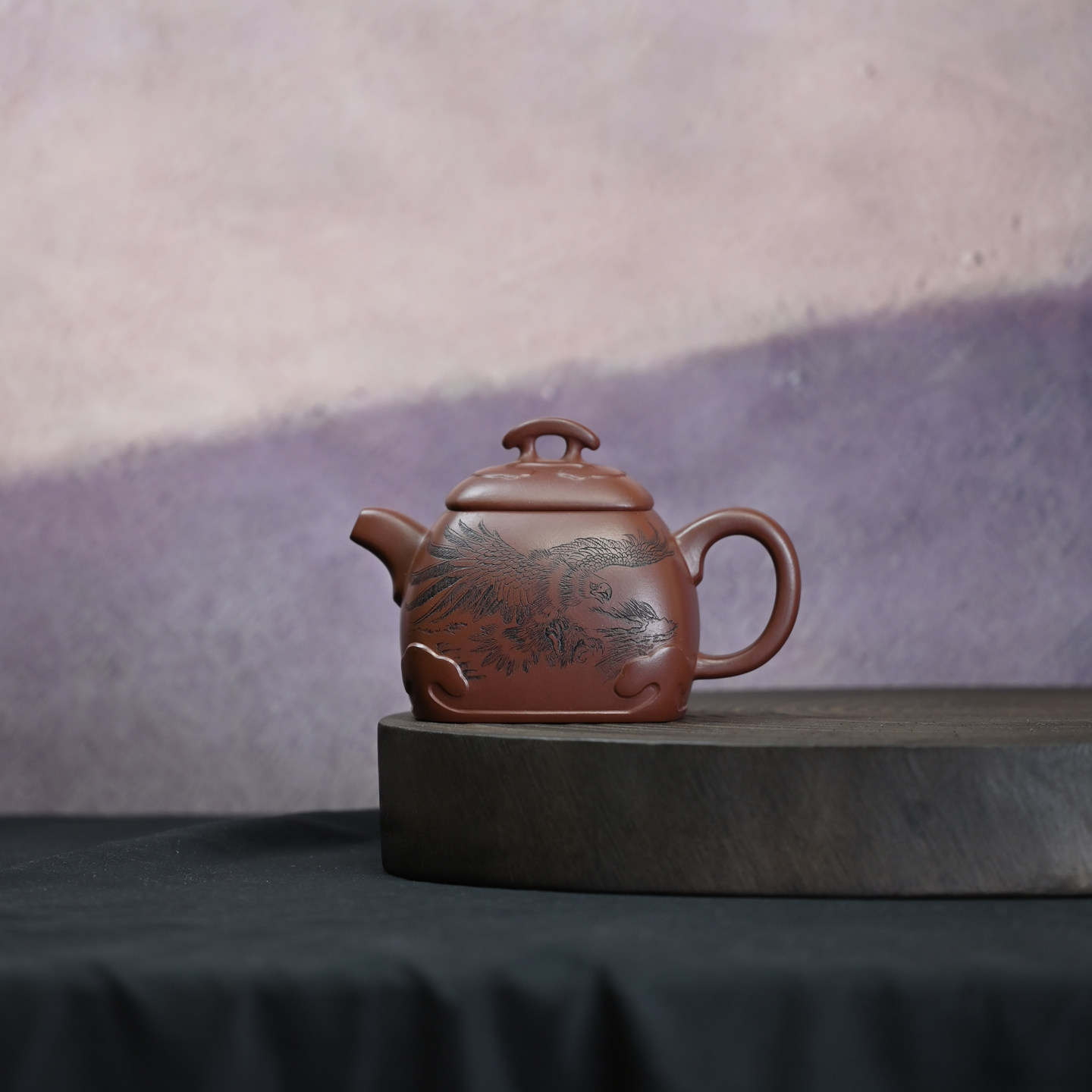 名家工艺师宜兴紫砂壶原矿紫泥大展宏图全手工刻绘功夫茶壶 390ml