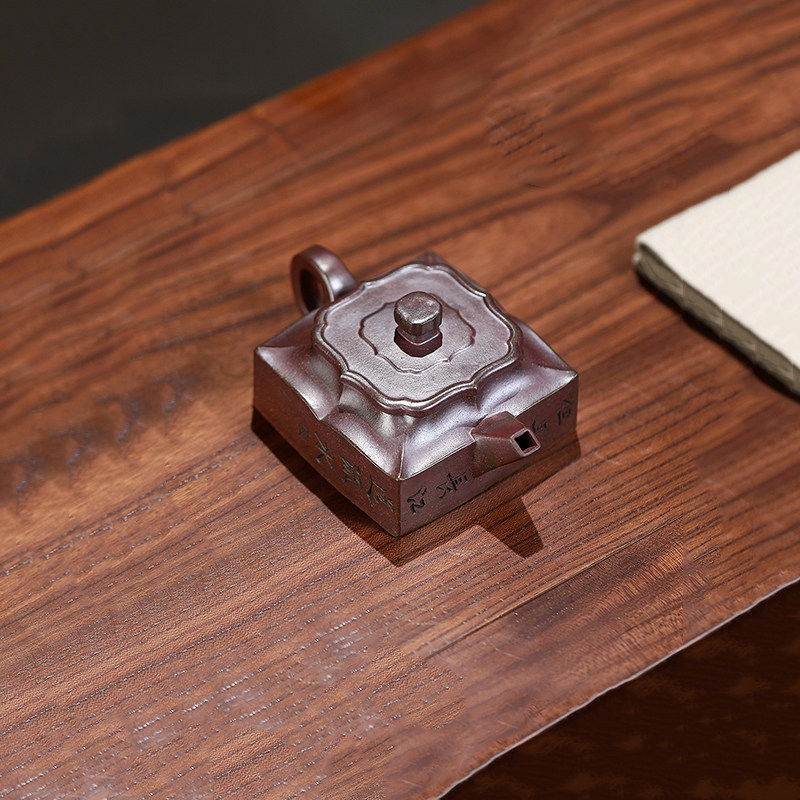 伯元 宜兴紫砂壶原矿古龙窑柴烧紫泥纯全手工刻绘筋纹方山逸士壶