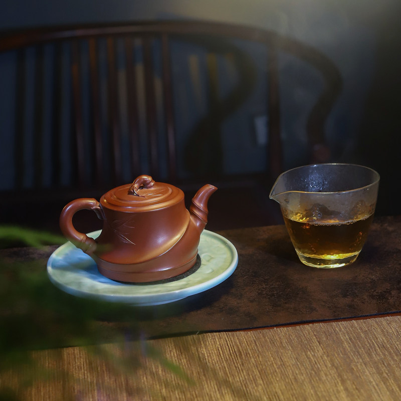 名家工艺师宜兴紫砂壶原矿小红泥竹韵全手工泡茶具国风茶器 260ml