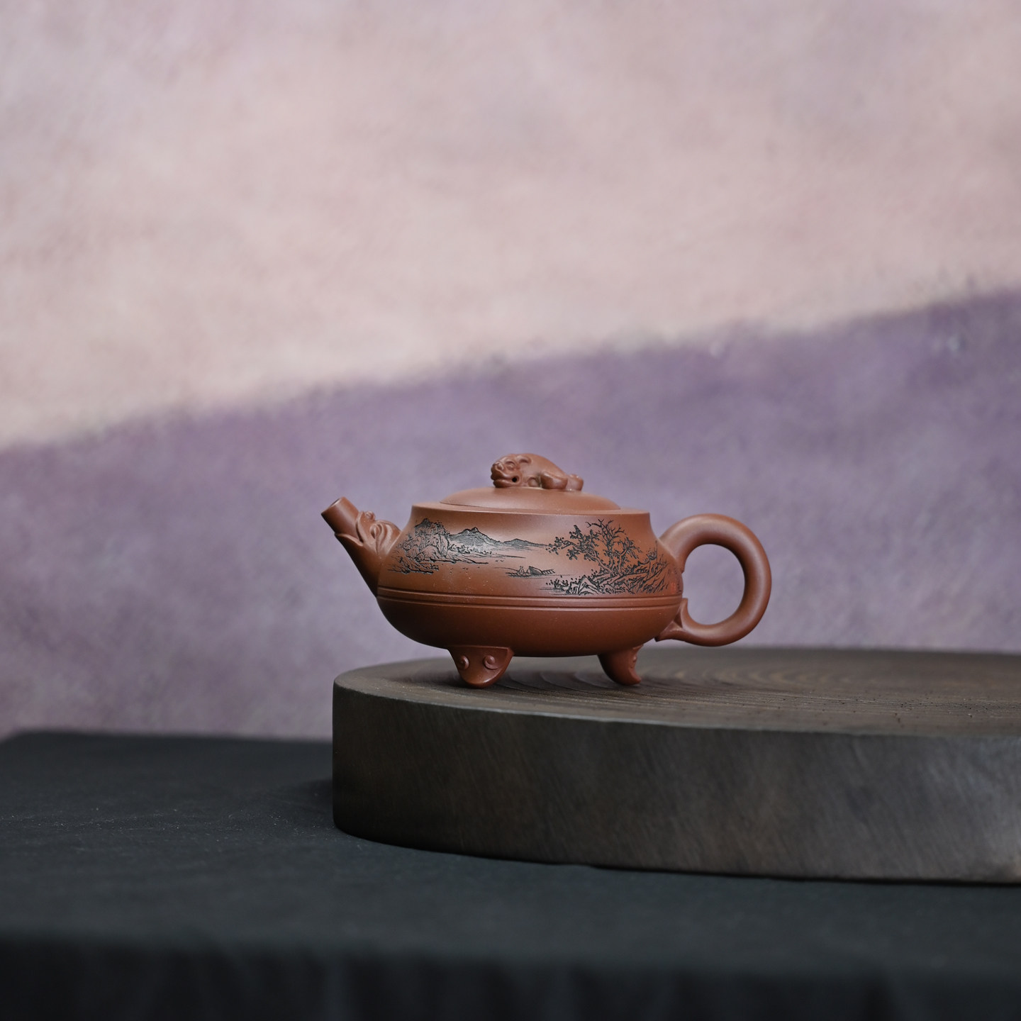 名家工艺师宜兴紫砂壶原矿紫泥三足螭龙全手工刻绘功夫茶壶 250ml