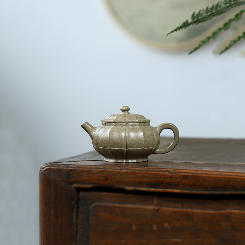 宜兴紫砂壶原矿蟹壳青纯全手工筋纹莲花菊蕾家用中式茶壶茶具