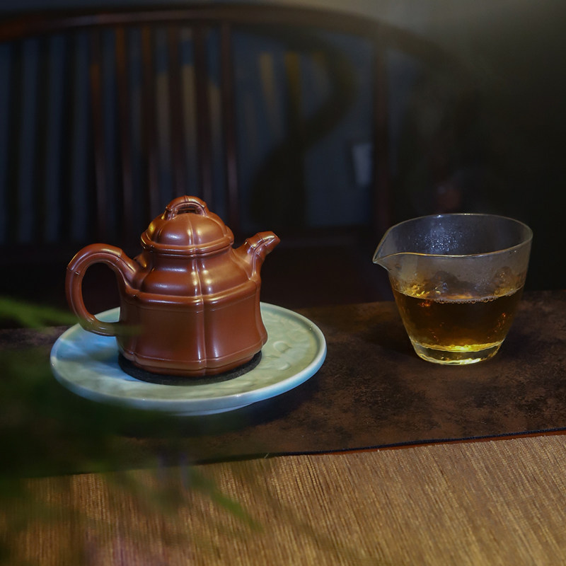 名家工艺师宜兴紫砂壶原矿小红泥竹鼓全手工泡茶具国风茶器 310ml