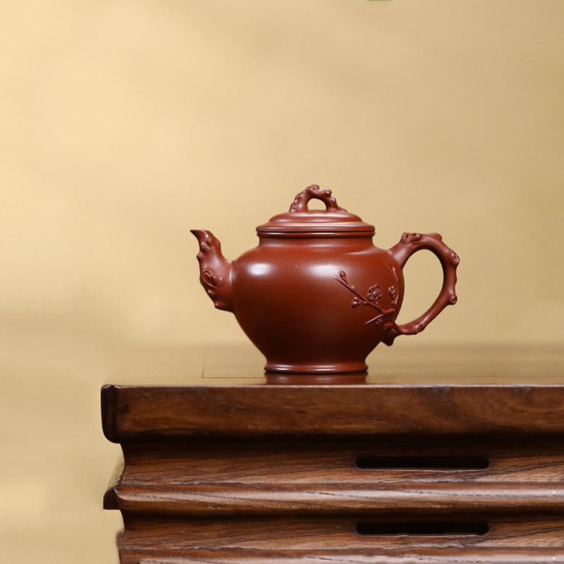 伯元 宜兴紫砂壶原矿红皮龙全纯手工刻绘梅香报春壶家用茶壶可养