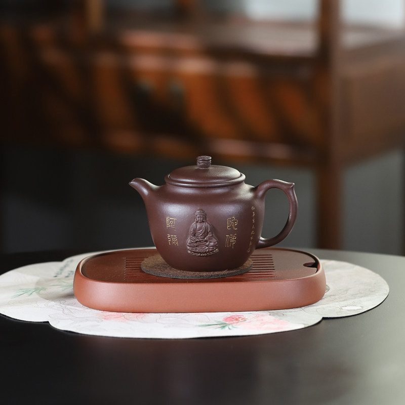 工艺师名家原矿老紫泥纯手工描金禅意佛陀壶250ML宜兴紫砂壶茶壶
