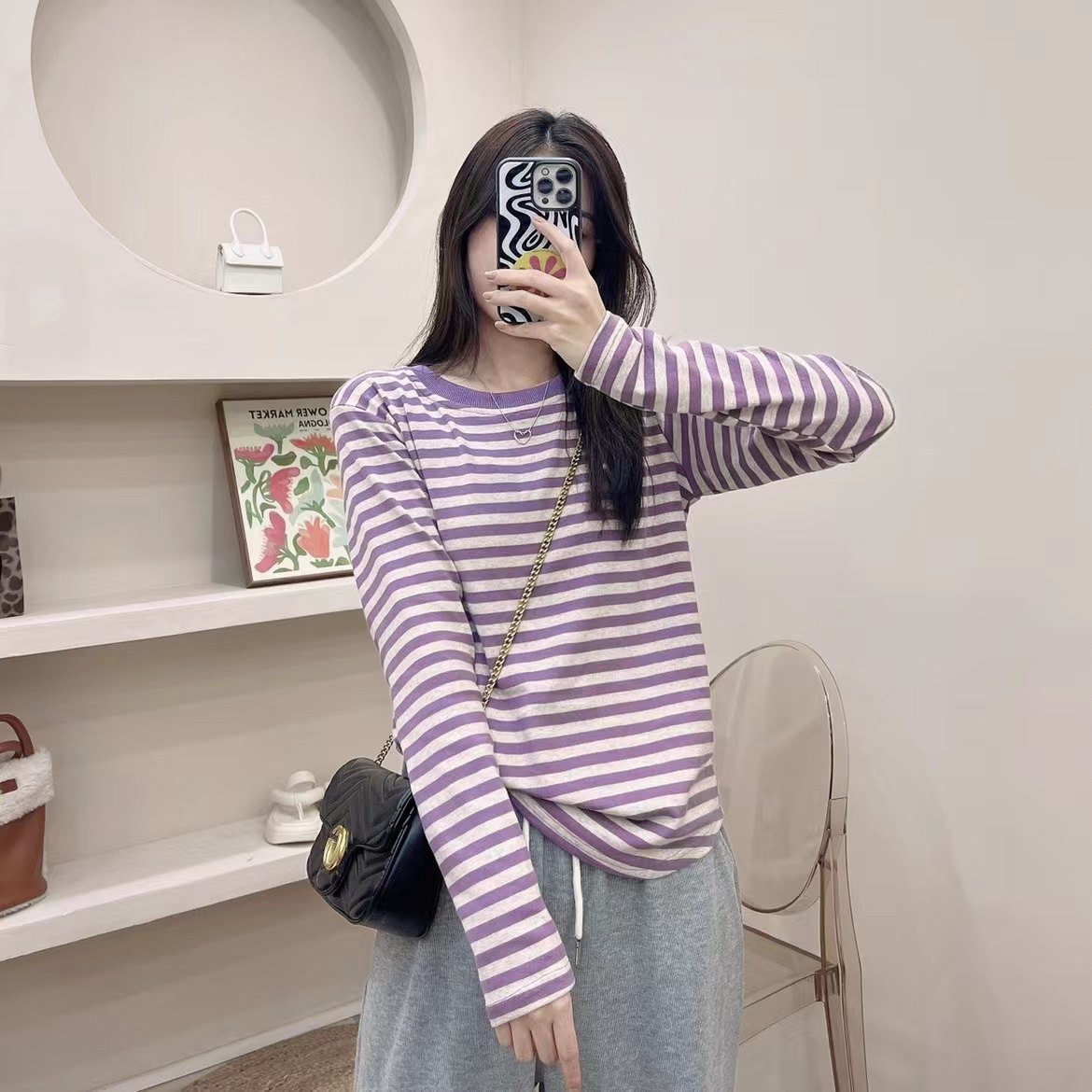 多喜家-紫色条纹长袖T恤女2024新款秋季设计感显瘦宽松打底衫上衣