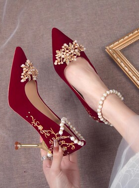 红色订婚鞋新娘鞋秀禾婚纱两穿2026新款中式孕妇敬酒服高跟鞋细跟
