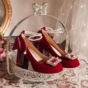 玛丽珍粗跟高跟鞋小个子订婚秀禾婚纱两穿旗袍新中式配裙新娘单鞋