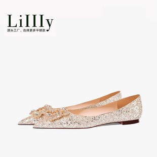 法式平底婚鞋秀禾主婚纱两穿新娘订婚水晶鞋孕妇胖宽脚大码41单鞋