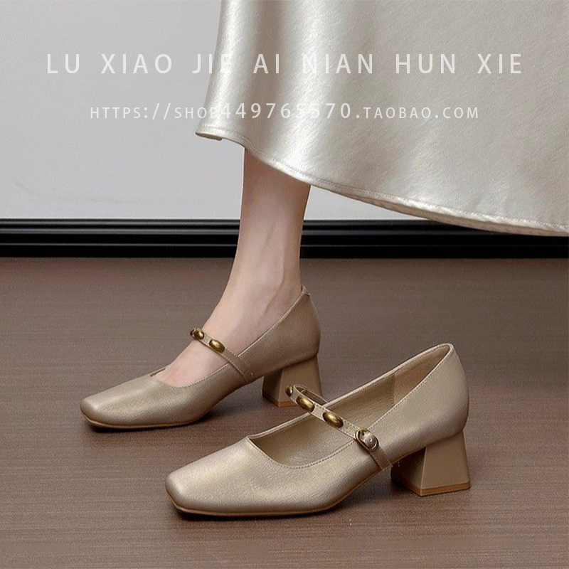 一字扣粗跟浅口单鞋气质通勤