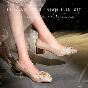 绝美方头水钻亮片粗跟单鞋女浅口婚鞋新娘鞋不累脚婚礼防滑高跟鞋