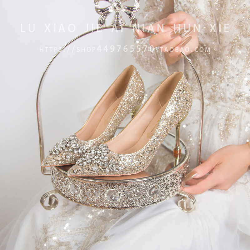 亮片细跟不累脚法式伴娘鞋