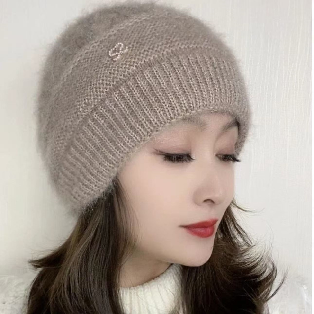 松鼠绒双层针织时尚百搭冬季堆堆帽女士编织韩版保暖帽秋冬帽子女