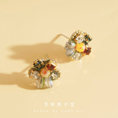 法式 B手工花朵耳钉耳夹轻奢高级感2025新款 爆款 复古圆脸适合耳饰