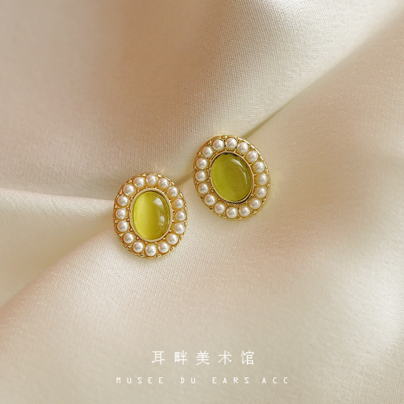 复古猫眼石珍珠耳钉昭和ins