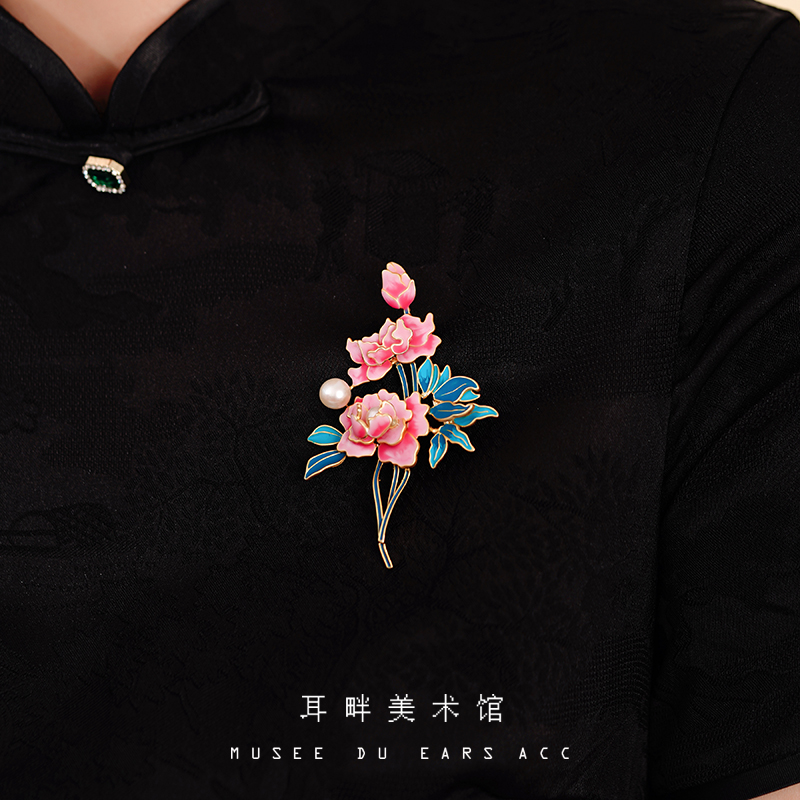 A國風富貴牡丹彩繪胸針女高端