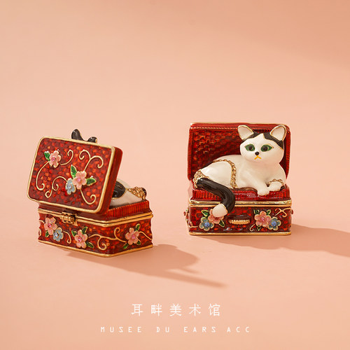 A复古箱子猫咪手工首饰戒指盒