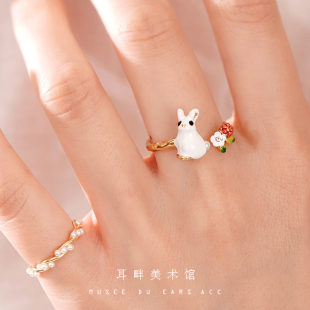 A可爱小兔子珐琅彩戒指女小众设计开口戒轻奢高级感2026新款 爆款