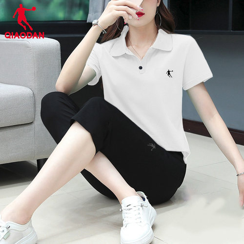 乔丹运动套装女POLO衫夏季冰丝排汗短袖梭织七分裤可定制工作服