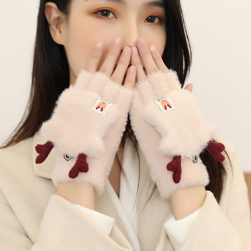 学生翻盖露指卡通加绒针织手套