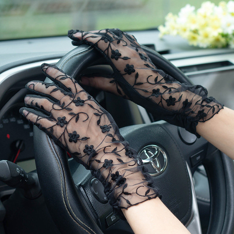 优雅时尚夏季防晒手套蕾丝女加长薄款透气开车防滑触屏黑色白色