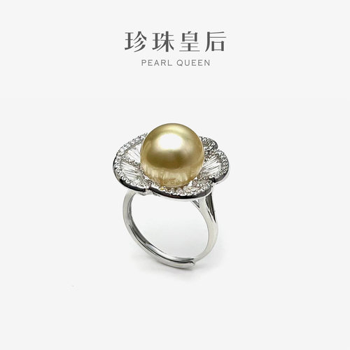 珍珠皇后 海水珍珠戒指女S925银11-12mm海水金珍珠戒指