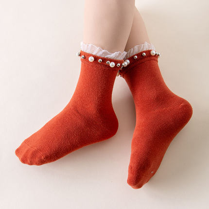 中女童袜子珍珠网红纯棉大中筒纯色女孩宝宝儿童女生袜纯色春秋款