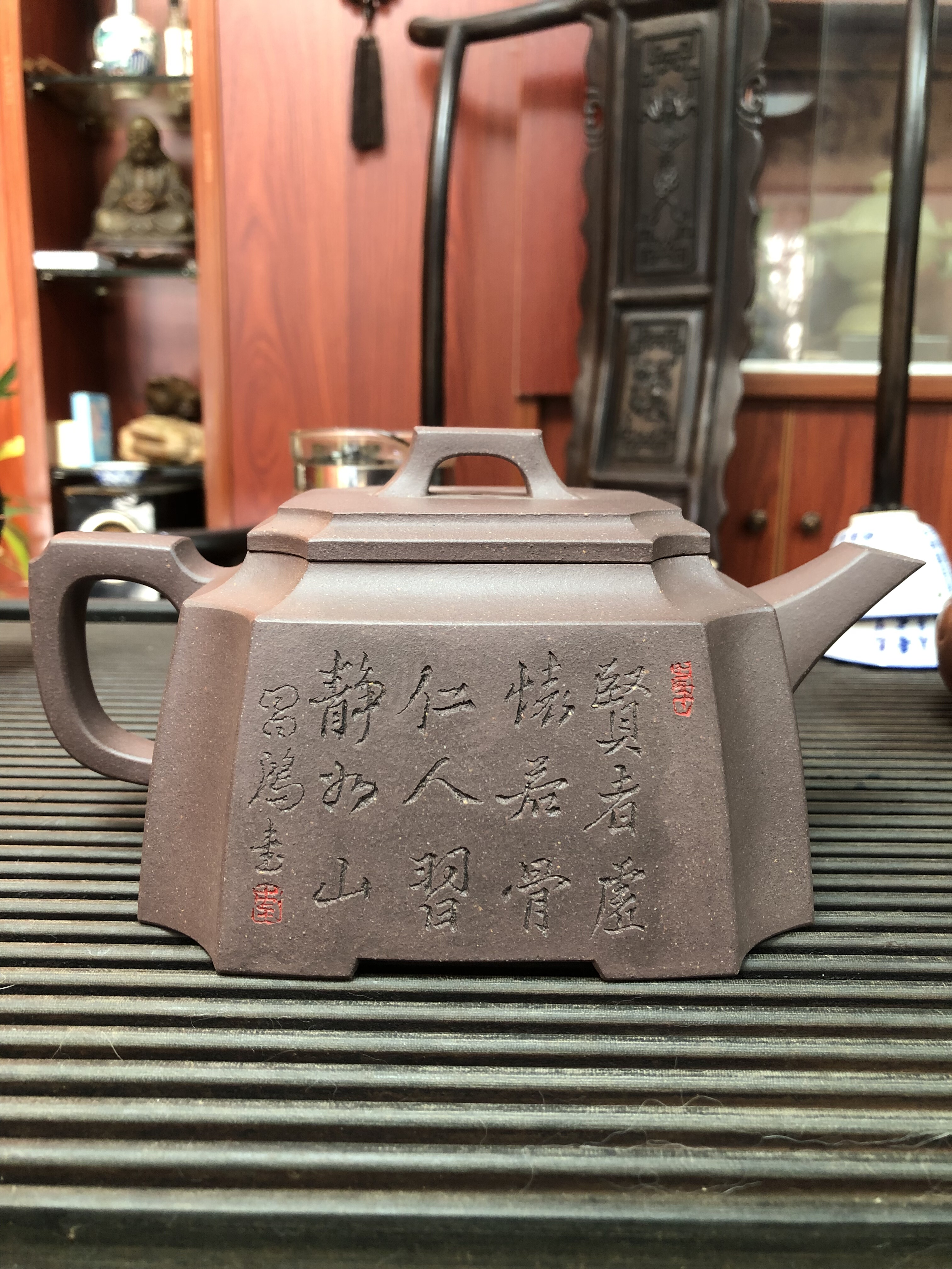 李昌鸿刻字画,刘根林制壶,紫砂名家师徒合作精品四方抽角紫砂壶