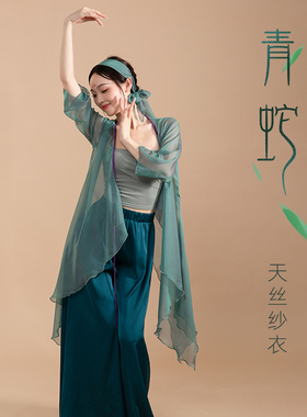 古典舞青蛇交叉领系带青绿色中国风舞纱衣飘逸女剧目舞蹈服表演服